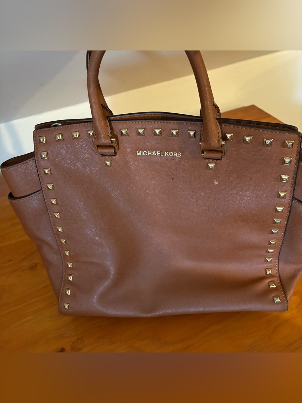 MICHAEL KORS Brown Leather Studded Satchel with Gold Hardware